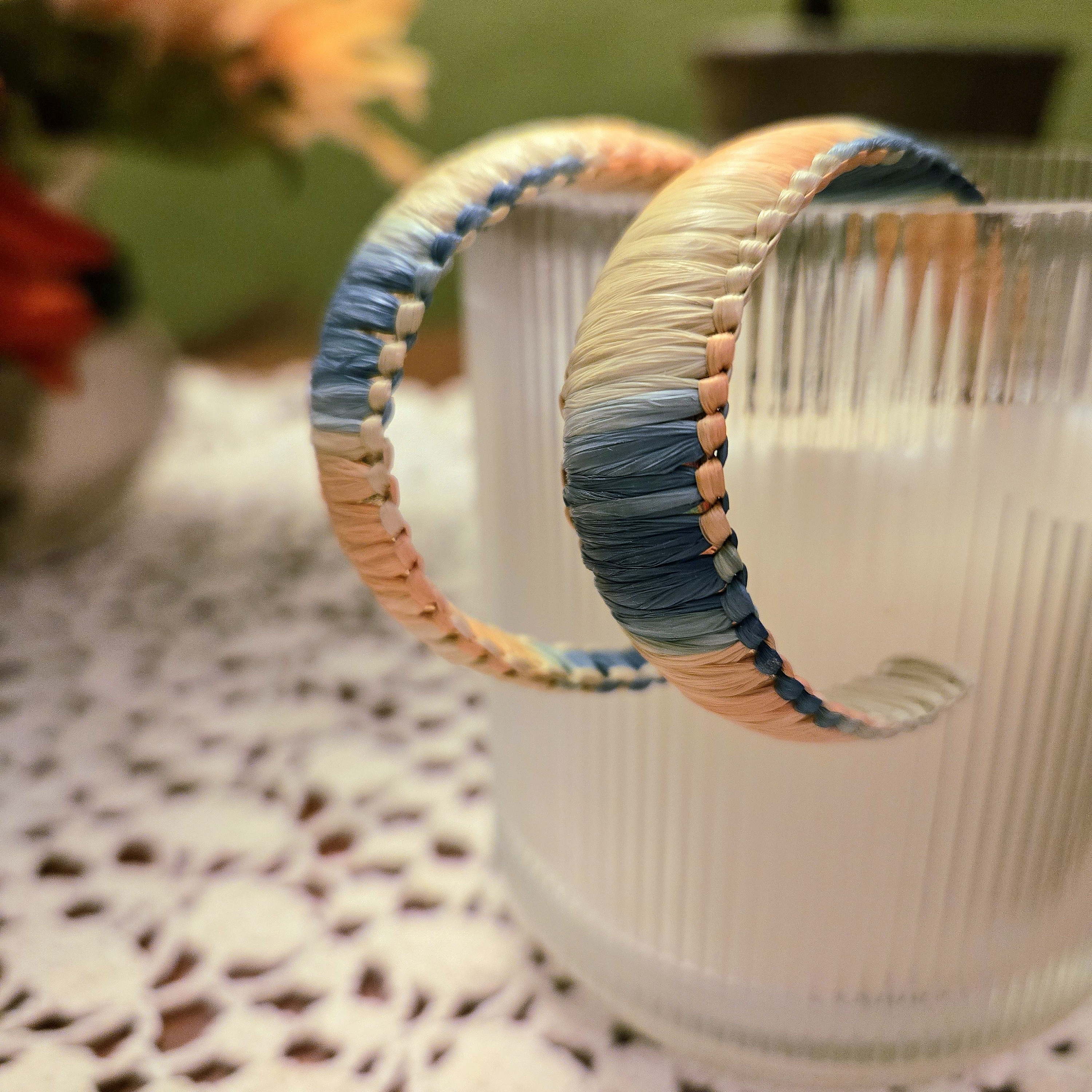 Blue And Peach Braided Hoop Earrings